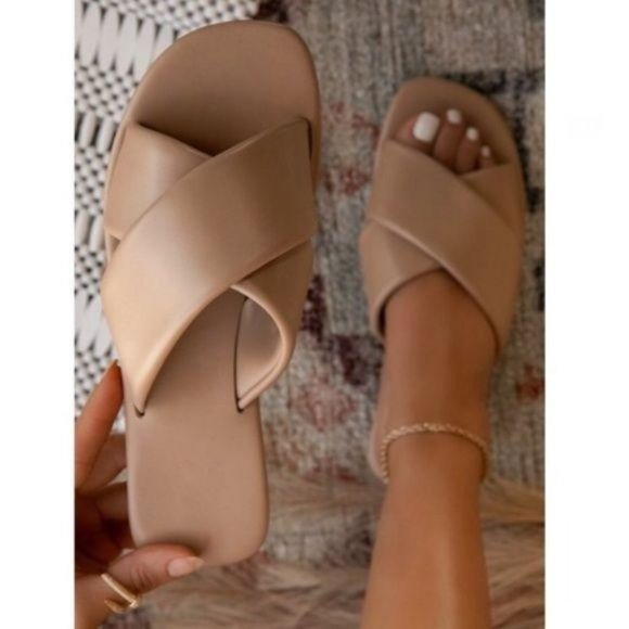 Shoes - Nude Criss Cross Padded Slides